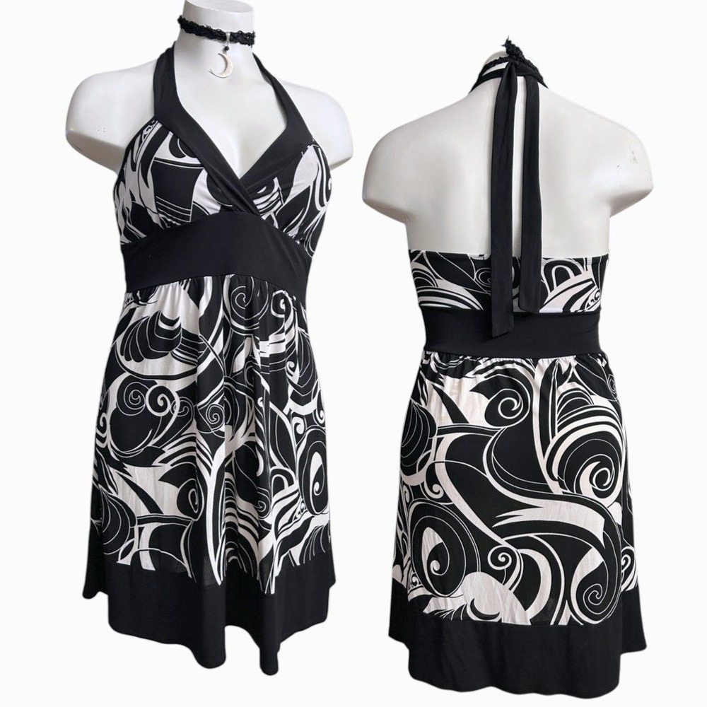 Y2K Vintage Halter Mini Dress XLarge Black and White Summer